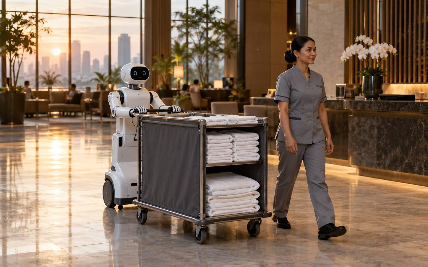 A service robot pushes a linen cart through a hotel lobby beside a housekeeper, with detection boxes drawn around each