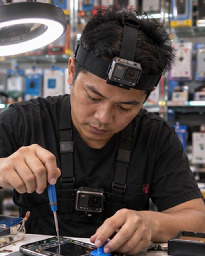 Electronics repair recorder at work with a head camera
