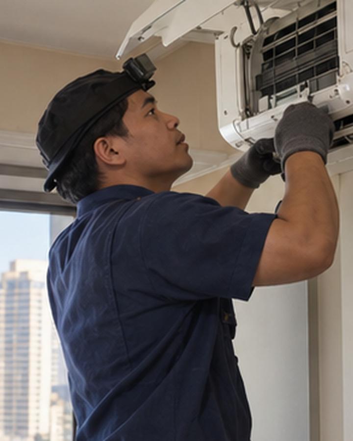 Refrigeration & aircon recorder at work with a head camera