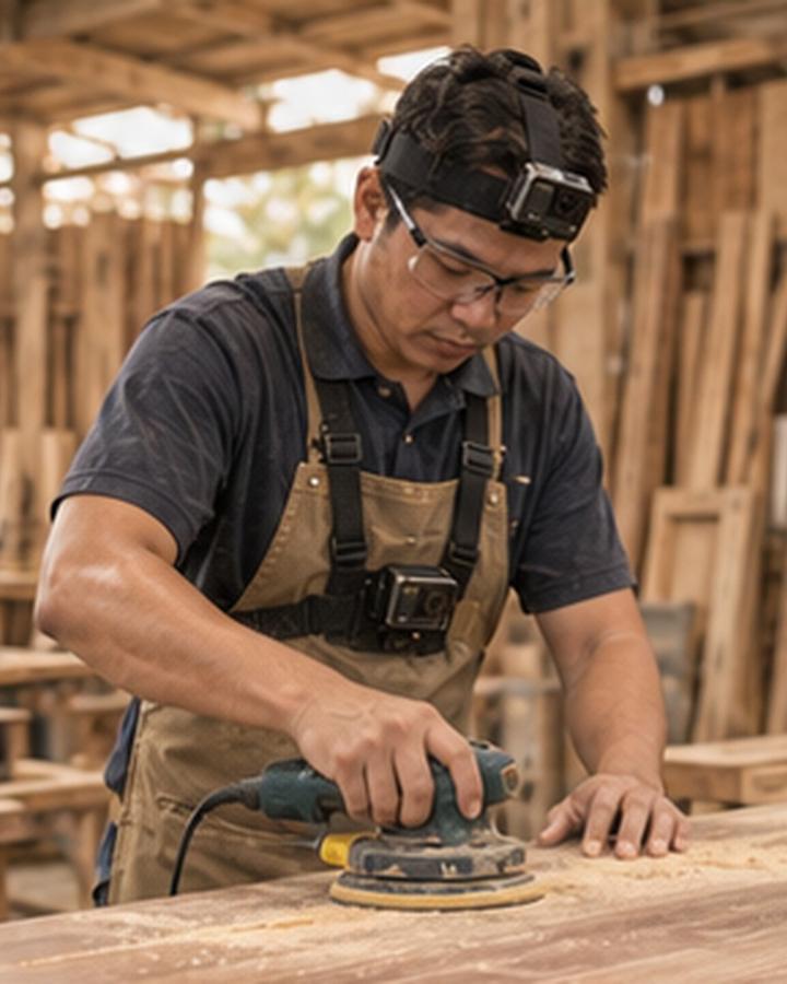 Woodworking recorder at work with a head camera