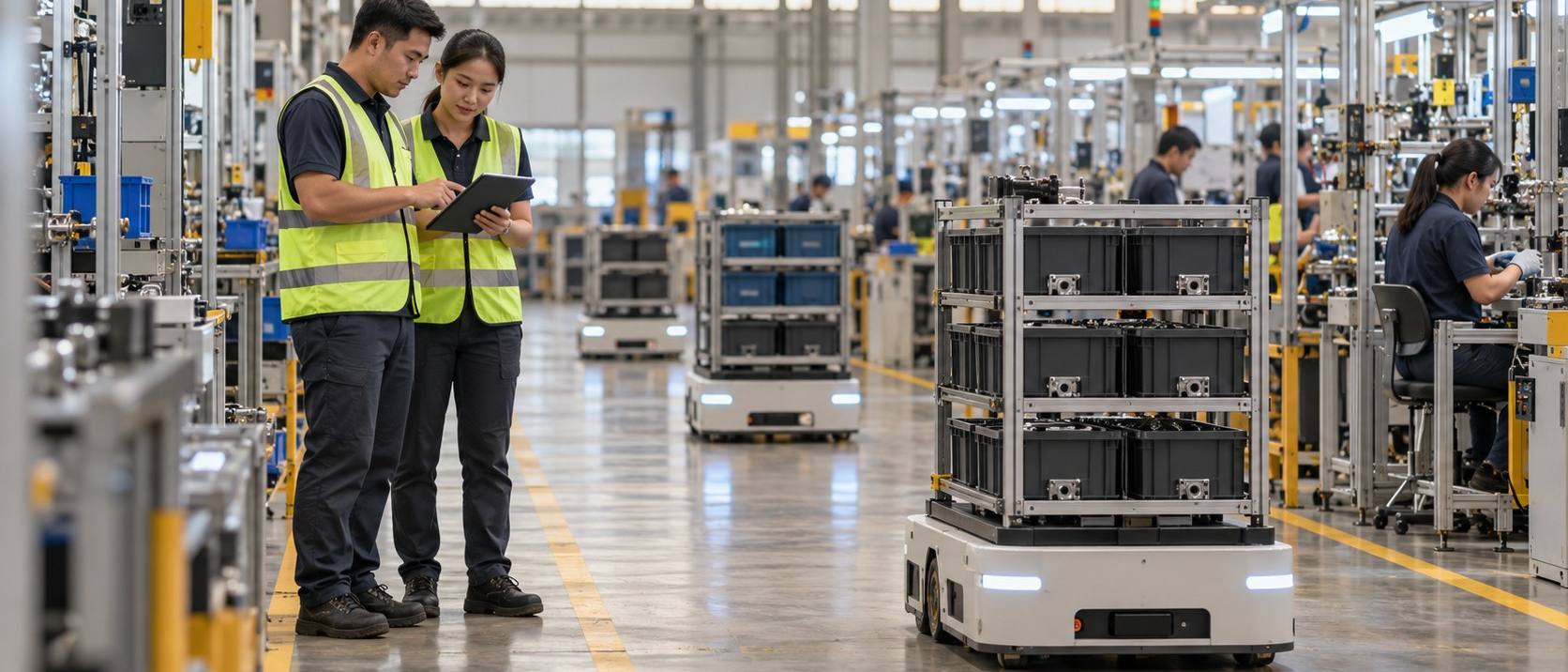 Autonomous mobile robots carrying bins through a factory while two supervisors check a tablet